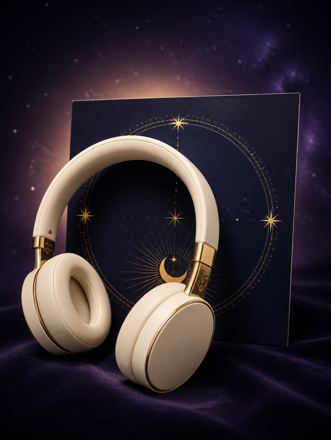 Programa 21 audios · auriculares sobre fondo celestial